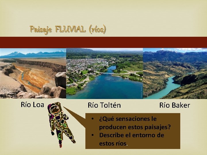 Paisaje FLUVIAL (ríos) Río Loa Río Toltén Río Baker • ¿Qué sensaciones le producen