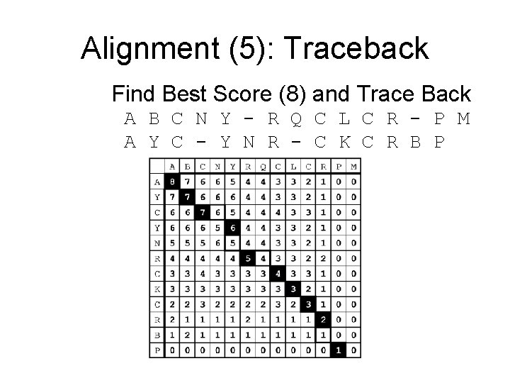 Alignment (5): Traceback Find Best Score (8) and Trace Back A B C N