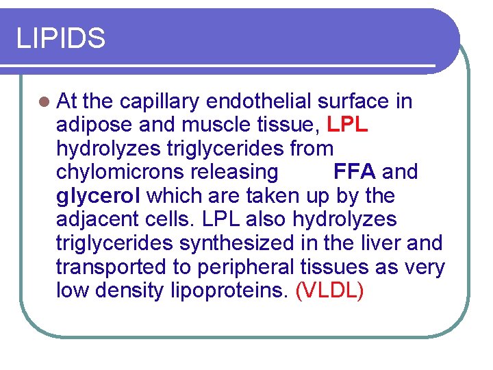 LIPIDS l At the capillary endothelial surface in adipose and muscle tissue, LPL hydrolyzes