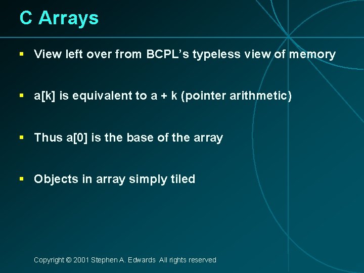 C Arrays § View left over from BCPL’s typeless view of memory § a[k]
