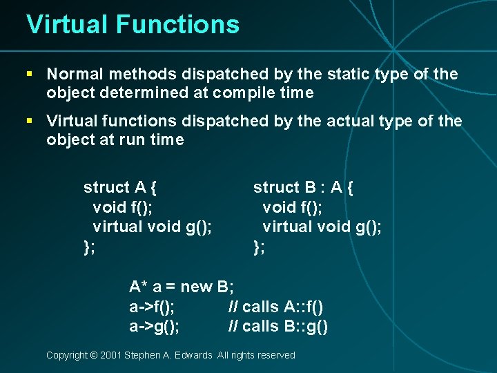 Virtual Functions § Normal methods dispatched by the static type of the object determined