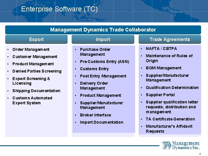 Enterprise Software (TC) Management Dynamics Trade Collaborator Export • Order Management • Customer Management