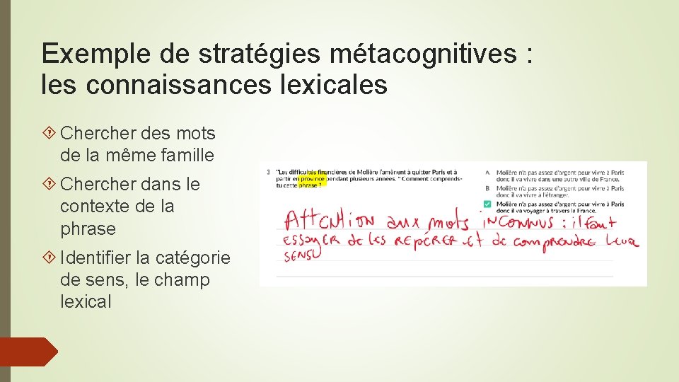 Exemple de stratégies métacognitives : les connaissances lexicales Chercher des mots de la même