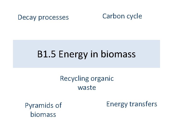 Decay processes Carbon cycle B 1. 5 Energy in biomass Recycling organic waste Pyramids