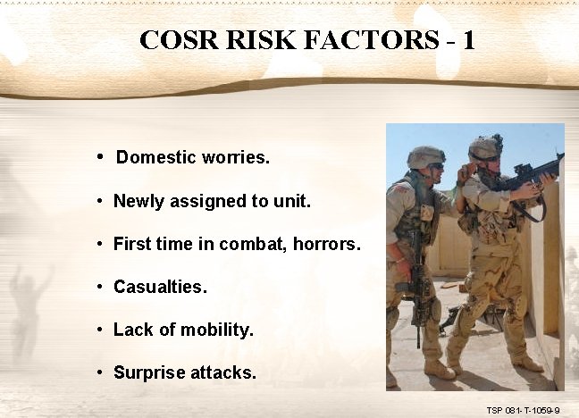 COSR RISK FACTORS - 1 • Domestic worries. • Newly assigned to unit. •