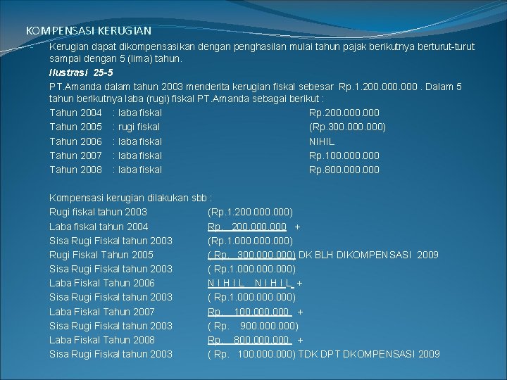 KOMPENSASI KERUGIAN - Kerugian dapat dikompensasikan dengan penghasilan mulai tahun pajak berikutnya berturut-turut sampai