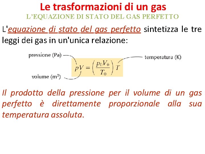 Le trasformazioni di un gas L’EQUAZIONE DI STATO DEL GAS PERFETTO L'equazione di stato