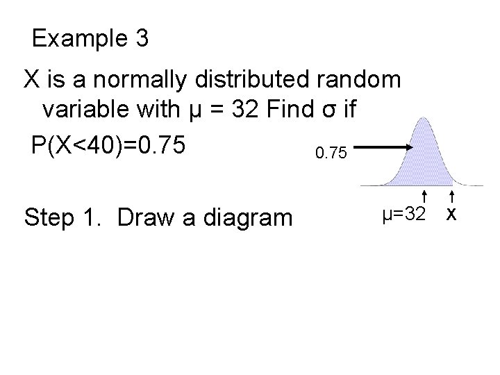 Example 3 X is a normally distributed random variable with µ = 32 Find