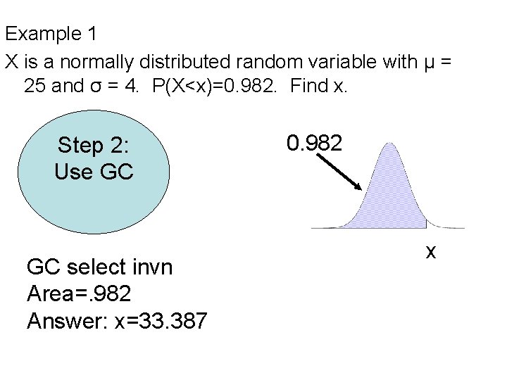 Example 1 X is a normally distributed random variable with µ = 25 and