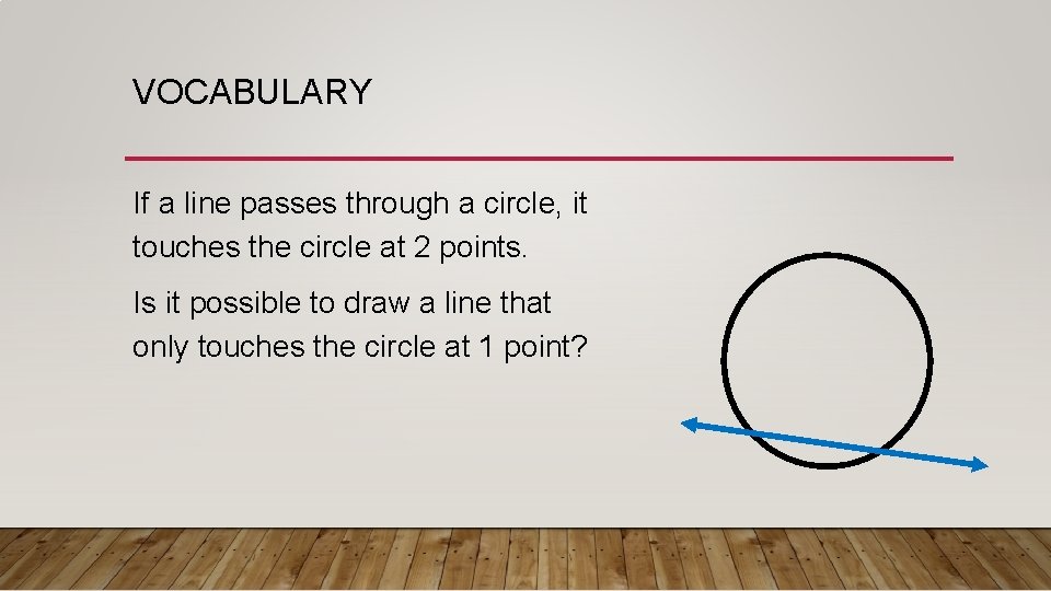 VOCABULARY If a line passes through a circle, it touches the circle at 2