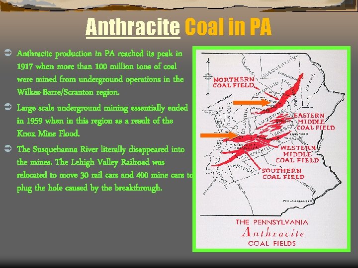 Anthracite Coal in PA Ü Anthracite production in PA reached its peak in 1917