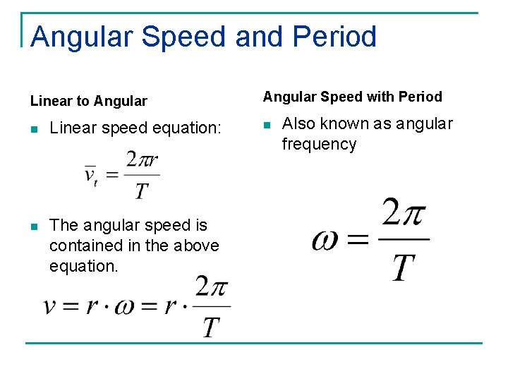 Angular Speed and Period Linear to Angular n Linear speed equation: n The angular