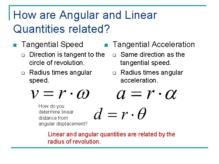 How are Angular and Linear Quantities related? n Tangential Speed q q n Direction
