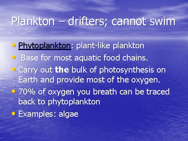 Plankton – drifters; cannot swim • Phytoplankton: plant-like plankton • Base for most aquatic