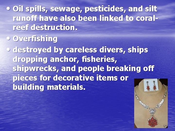  • Oil spills, sewage, pesticides, and silt runoff have also been linked to