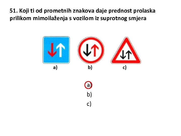 51. Koji ti od prometnih znakova daje prednost prolaska prilikom mimoilaženja s vozilom iz