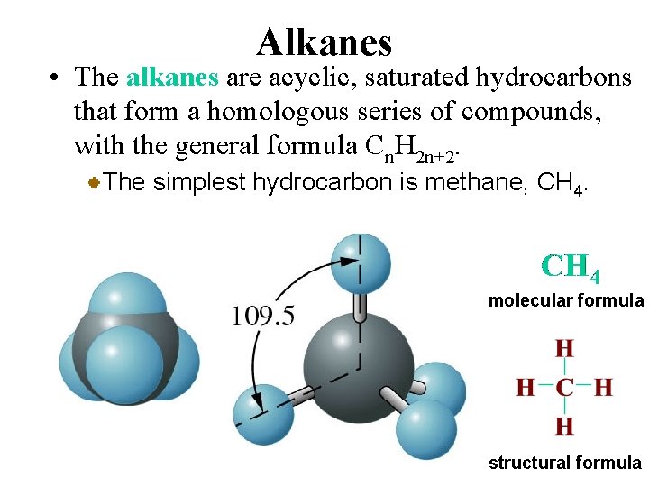 Alkanes • The alkanes are acyclic, saturated hydrocarbons that form a homologous series of