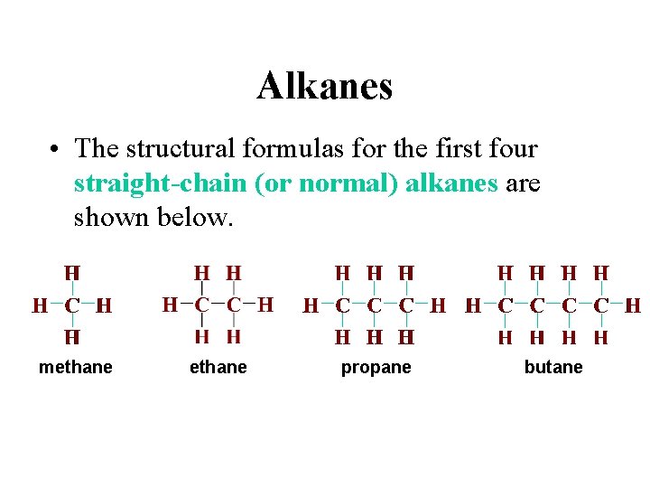 Alkanes • The structural formulas for the first four straight-chain (or normal) alkanes are