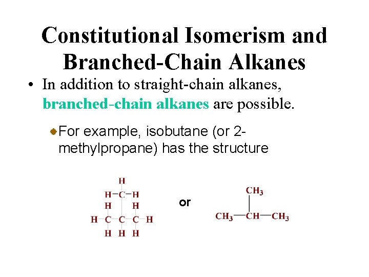 Constitutional Isomerism and Branched-Chain Alkanes • In addition to straight-chain alkanes, branched-chain alkanes are