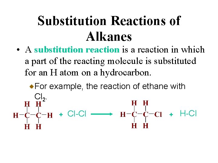 Substitution Reactions of Alkanes • A substitution reaction is a reaction in which a