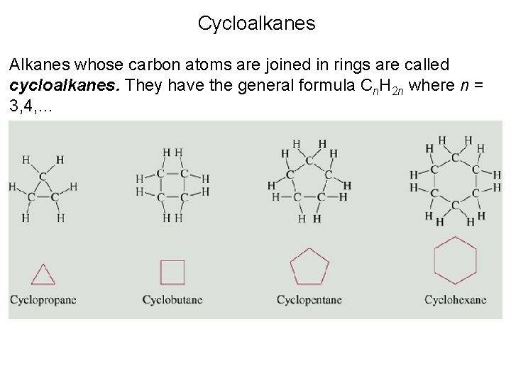 Cycloalkanes Alkanes whose carbon atoms are joined in rings are called cycloalkanes. They have