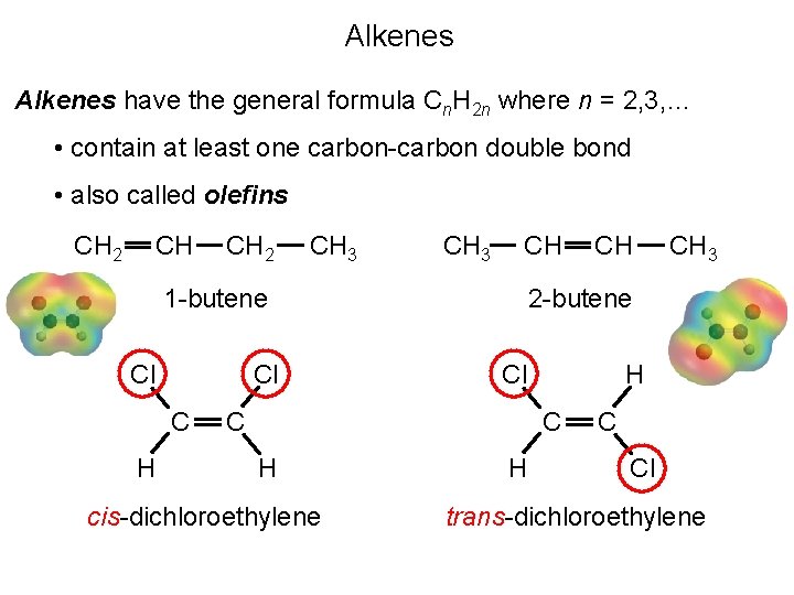 Alkenes have the general formula Cn. H 2 n where n = 2, 3,