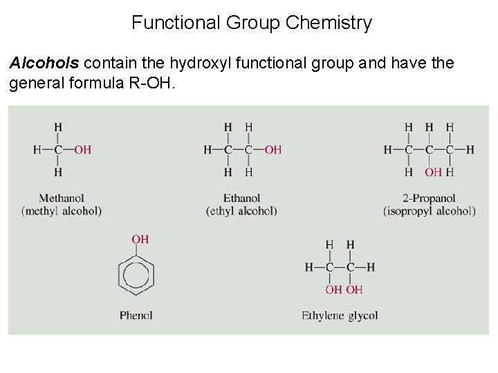 Functional Group Chemistry Alcohols contain the hydroxyl functional group and have the general formula
