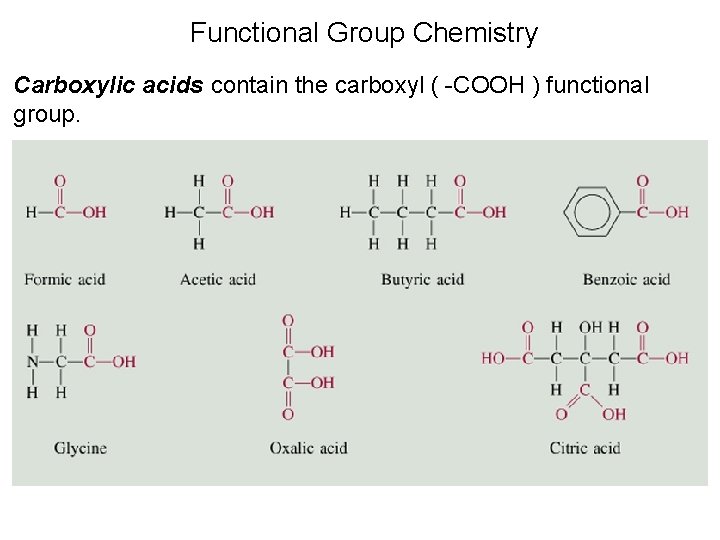 Functional Group Chemistry Carboxylic acids contain the carboxyl ( -COOH ) functional group. 