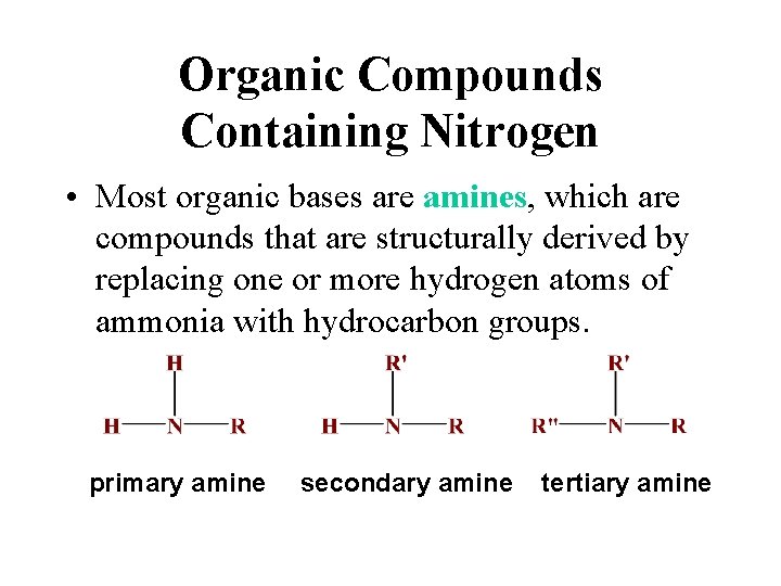 Organic Compounds Containing Nitrogen • Most organic bases are amines, which are compounds that