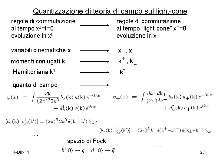 Quantizzazione di teoria di campo sul light-cone regole di commutazione al tempo x 0=t=0