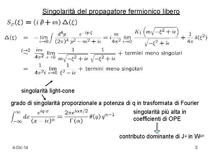 Singolarità del propagatore fermionico libero singolarità light-cone grado di singolarità proporzionale a potenza di