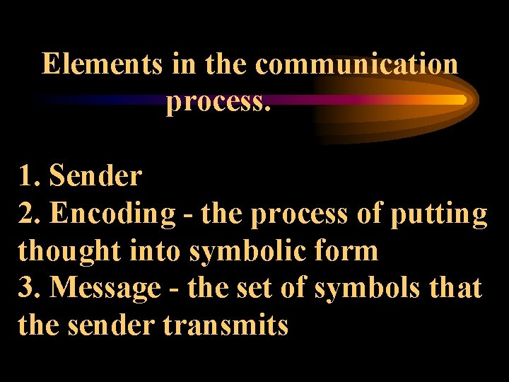 Elements in the communication process. 1. Sender 2. Encoding - the process of putting