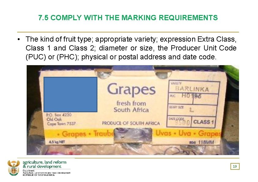 7. 5 COMPLY WITH THE MARKING REQUIREMENTS • The kind of fruit type; appropriate