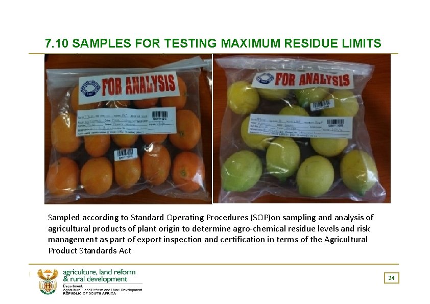 7. 10 SAMPLES FOR TESTING MAXIMUM RESIDUE LIMITS Sampled according to Standard Operating Procedures