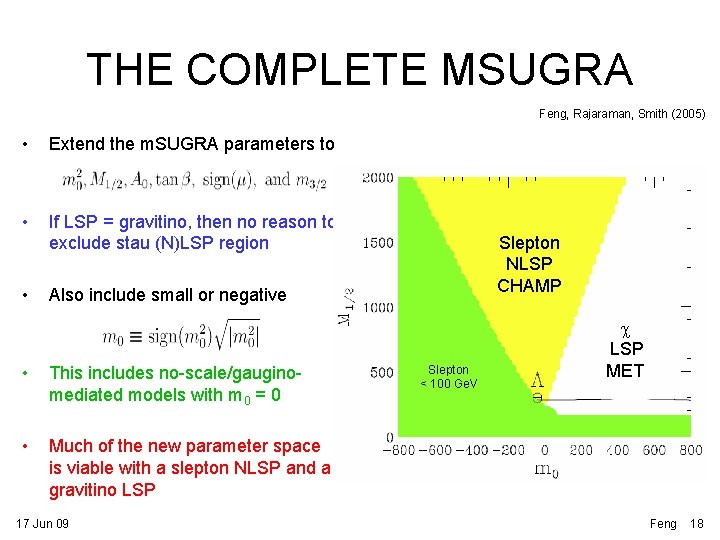 THE COMPLETE MSUGRA Feng, Rajaraman, Smith (2005) • Extend the m. SUGRA parameters to