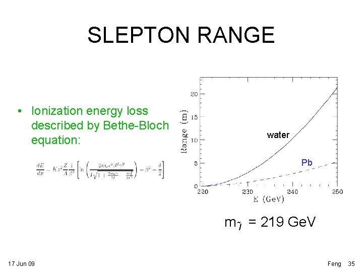 SLEPTON RANGE • Ionization energy loss described by Bethe-Bloch equation: water Pb m l