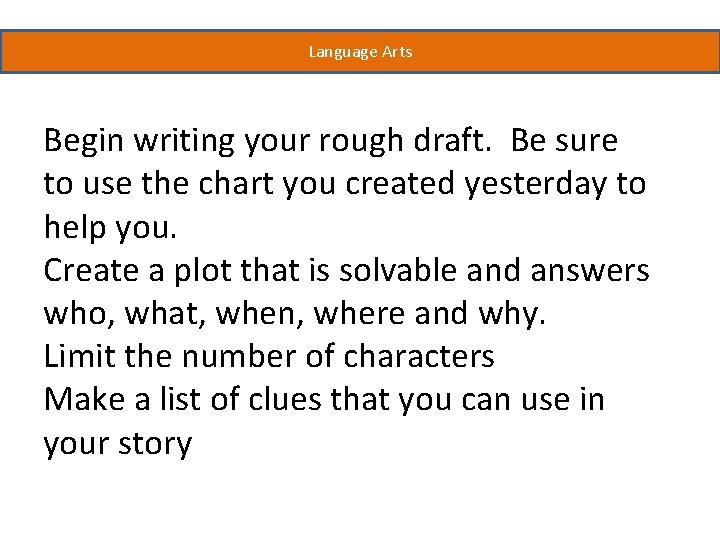 Language Arts Begin writing your rough draft. Be sure to use the chart you