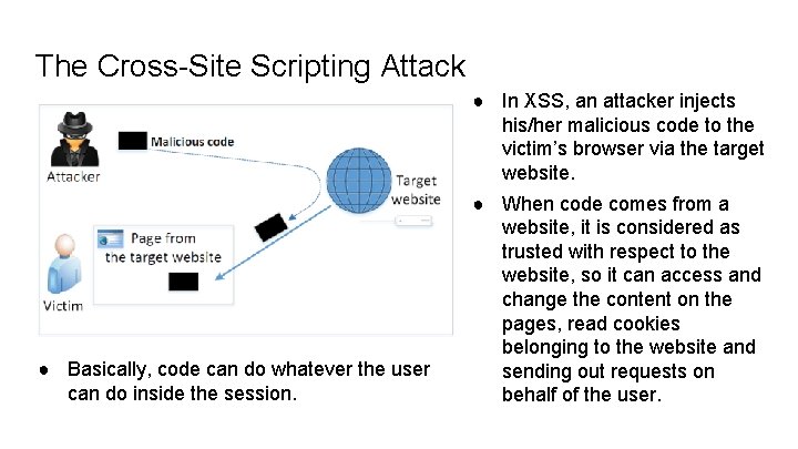 The Cross-Site Scripting Attack ● In XSS, an attacker injects his/her malicious code to