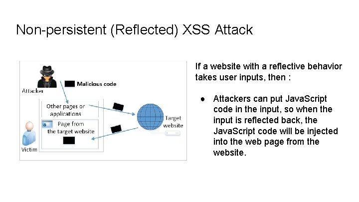 Non-persistent (Reflected) XSS Attack If a website with a reflective behavior takes user inputs,