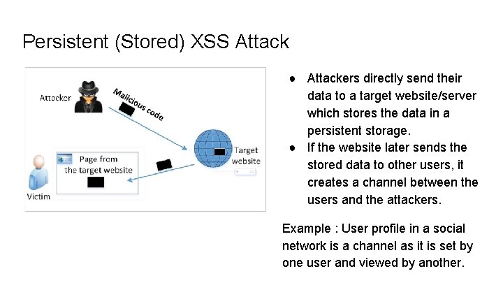 Persistent (Stored) XSS Attack ● Attackers directly send their data to a target website/server