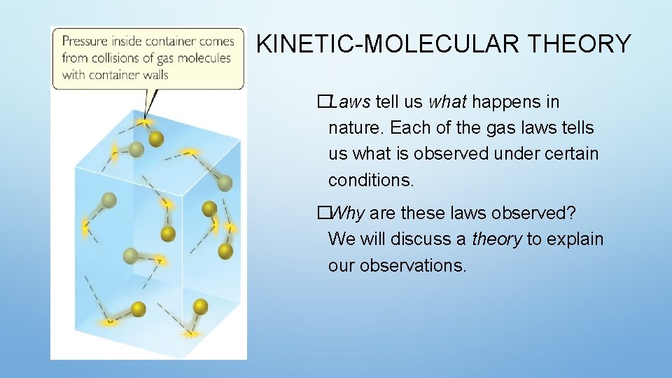 KINETIC-MOLECULAR THEORY �Laws tell us what happens in nature. Each of the gas laws