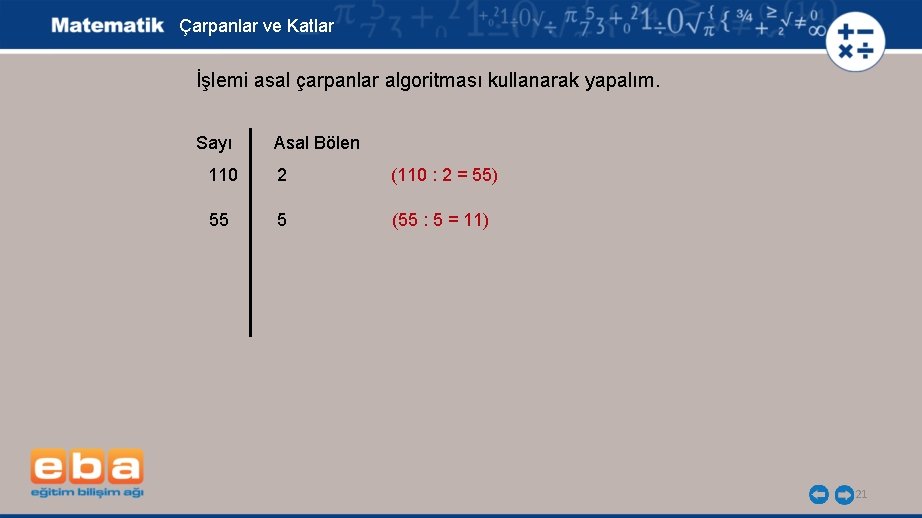 Çarpanlar ve Katlar İşlemi asal çarpanlar algoritması kullanarak yapalım. Sayı Asal Bölen 110 2