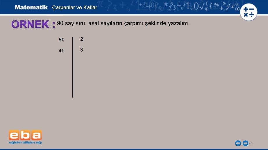 Çarpanlar ve Katlar 90 sayısını asal sayıların çarpımı şeklinde yazalım. 90 2 45 3