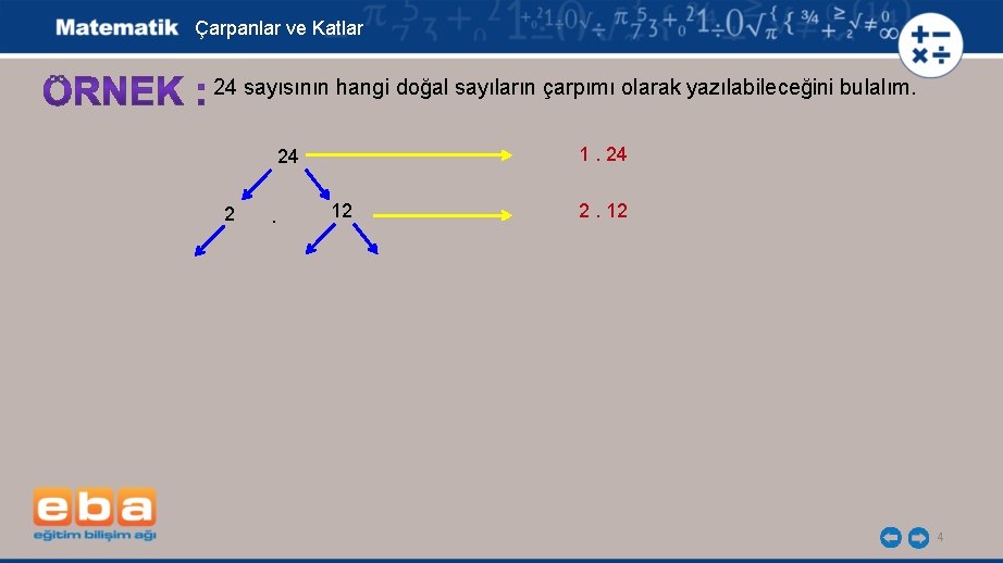 Çarpanlar ve Katlar 24 sayısının hangi doğal sayıların çarpımı olarak yazılabileceğini bulalım. 1. 24