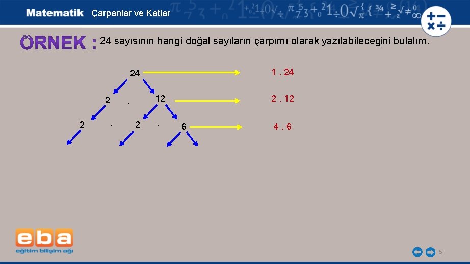 Çarpanlar ve Katlar 24 sayısının hangi doğal sayıların çarpımı olarak yazılabileceğini bulalım. 1. 24