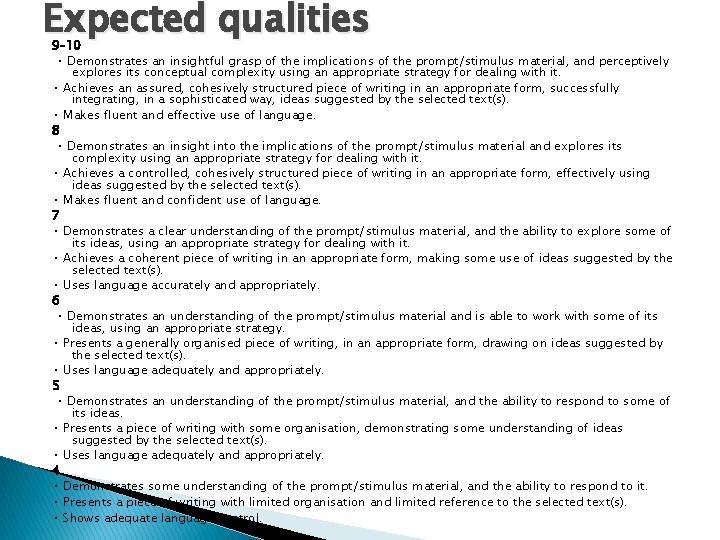 Expected qualities 9– 10 • Demonstrates an insightful grasp of the implications of the