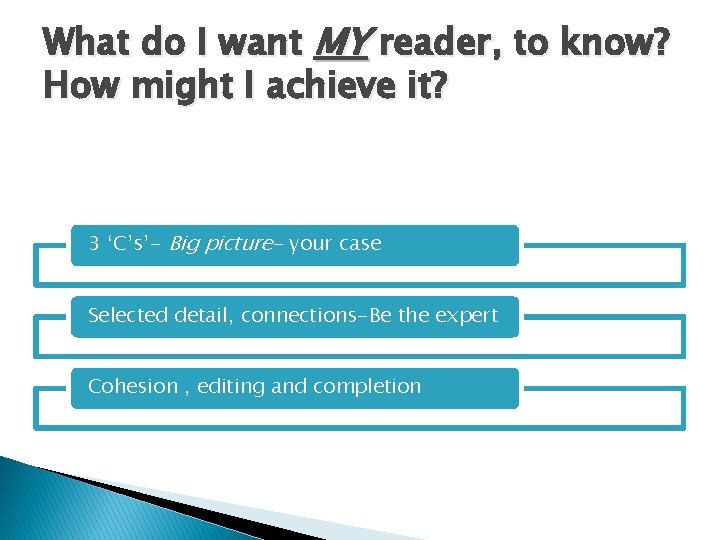 What do I want MY reader, to know? How might I achieve it? 3