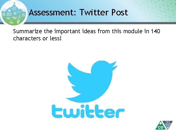 Assessment: Twitter Post Summarize the important ideas from this module in 140 characters or