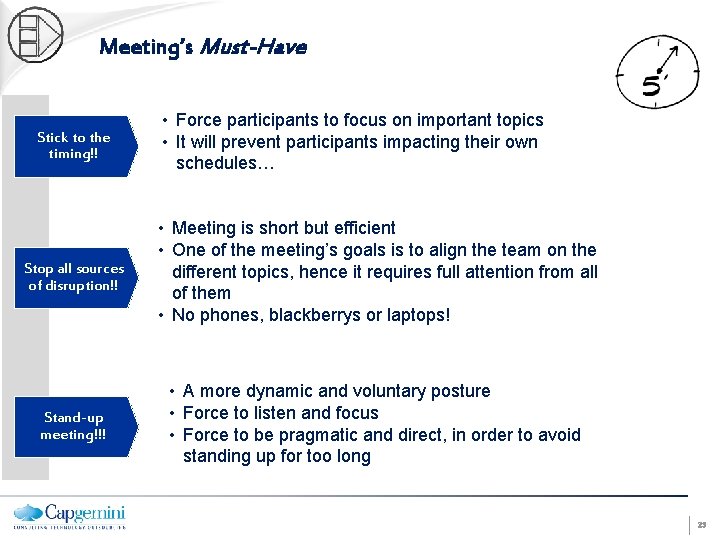 Meeting’s Must-Have Stick to the timing!! • Force participants to focus on important topics