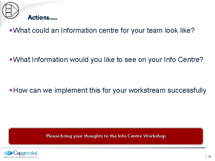 Actions…. . § What could an Information centre for your team look like? §